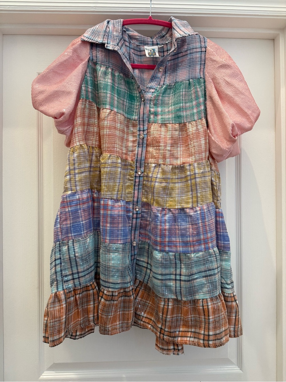 Queen of Sparkles NWOT Multi-Color Patchwork Plaid Button-Front Dress Top